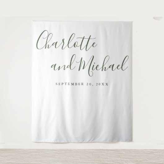 Hintergrund des Olive Green Script Wedding Foto Bo Wandteppich (Vorderseite)