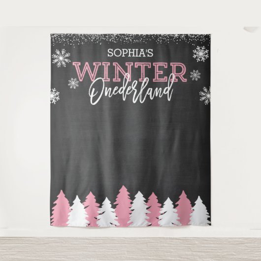 Hintergrund des Winters Onederland Pink Chalkboard Wandteppich (Vorderseite)