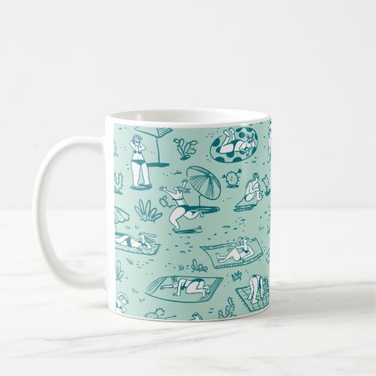 Hintergrund mit den sommerlichen Strandmädchen. Na Kaffeetasse (Links)