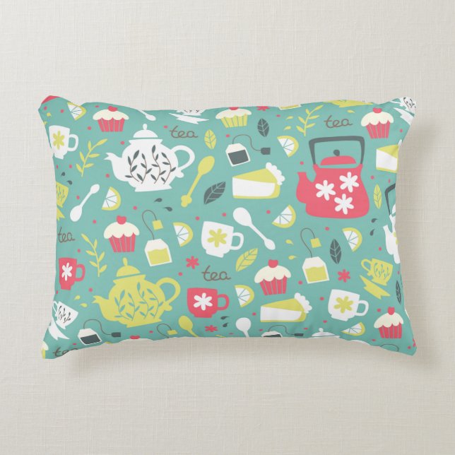Hintergrund mit Teapots, Cups, Lemon, Blume Dekokissen (Vorderseite)