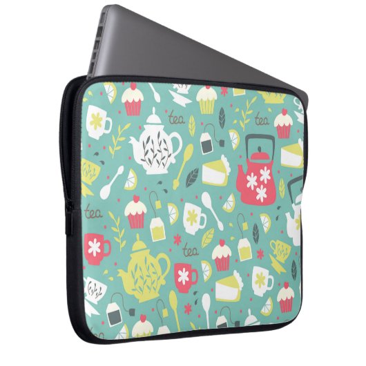 Hintergrund mit Teapots, Cups, Lemon, Blume Laptopschutzhülle (Vorne Rechts)