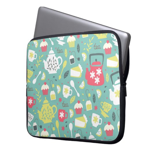 Hintergrund mit Teapots, Cups, Lemon, Blume Laptopschutzhülle (Vorderseite Links)