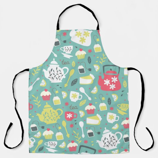 Hintergrund mit Teapots, Cups, Lemon, Blume Schürze (Vorderseite)