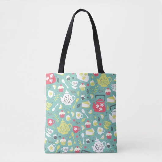 Hintergrund mit Teapots, Cups, Lemon, Blume Tasche (Vorderseite)