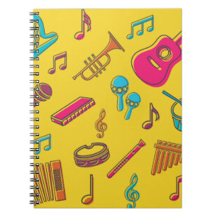 Hintergrund musikalischer Instrumente. Musiknoten. Notizblock