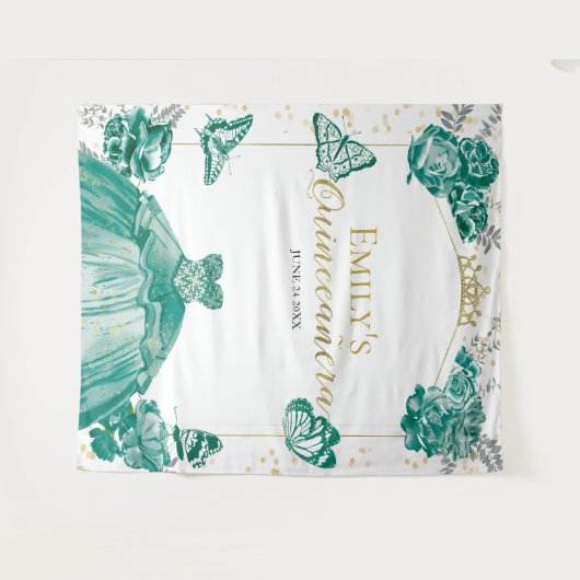 Hintergrund Quinceanera Smaragdgrünes Kleid Floral Wandteppich (Vorderseite (Horizontal))