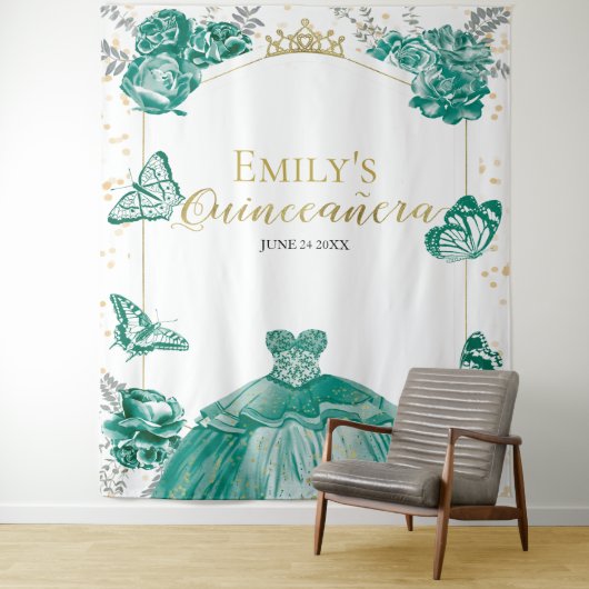 Hintergrund Quinceanera Smaragdgrünes Kleid Floral Wandteppich (Beispiel)