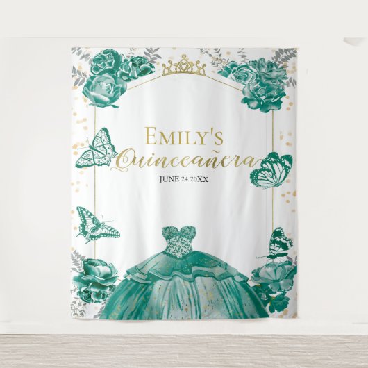 Hintergrund Quinceanera Smaragdgrünes Kleid Floral Wandteppich (Vorderseite)