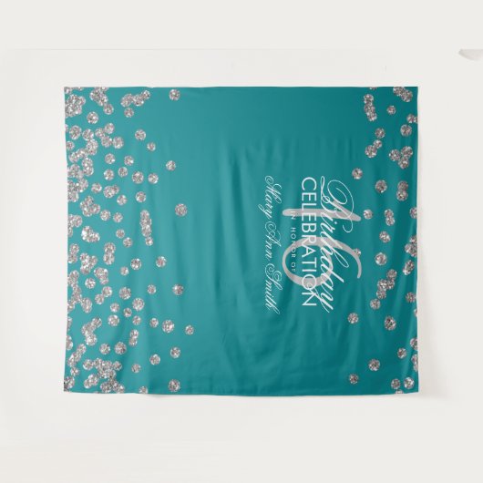 Hintergrund Sweet 16 Aquamarin Silver Glitzer Conf Wandteppich (Vorderseite (Horizontal))