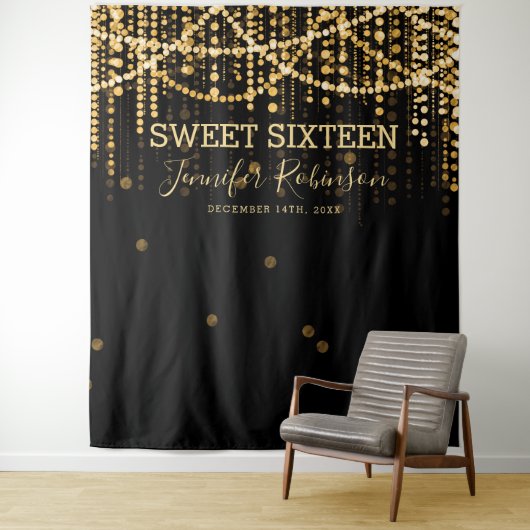 Hintergrund Sweet 16 Gold String Lights Wandteppich (Beispiel)