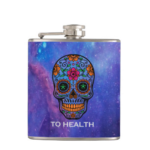 Hintergrund und Blumenzucker-Schädel im tiefen Rau Flachmann