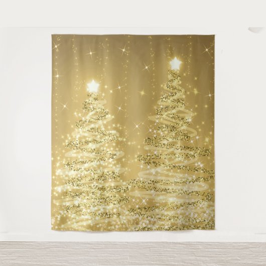 Hintergrund Weihnachten glühende Bäume Gold Wandteppich (Vorderseite)