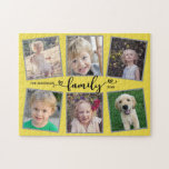 Hintergrundbild Gelbe Fotomaterial Puzzle<br><div class="desc">Dieses Puzzle aus gelbem und grauem Foto ist ein lustiges Geschenk für jede Familie. Es bietet 6 Bilderrahmen für Kinder- und Familienfotos und ist mit dem Text "Familie",  der moderne Herzkalligraphie erscheint,  hervorgehoben. Der Hintergrund ist gelb.</div>