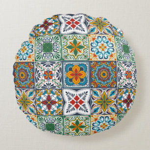 Hintergrundspuren/Talavera-inspirierte Fliesen Rundes Kissen