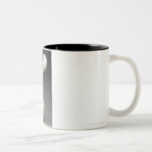 Hinterteile des Pudels, auf grauem Hintergrund Zweifarbige Tasse