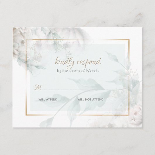 Hinweis auf farbige, weiße Peonies, grüne Folien Begleitkarte (Vorderseite)