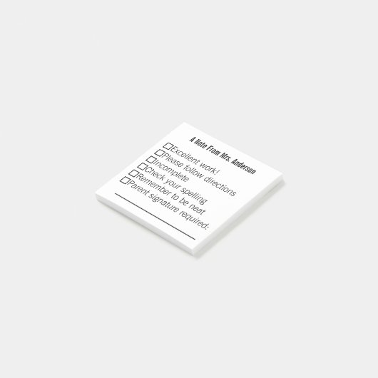 Hinweis aus den Nachhinweisen des Lehrernamens Post-it Klebezettel (angewinkelt)