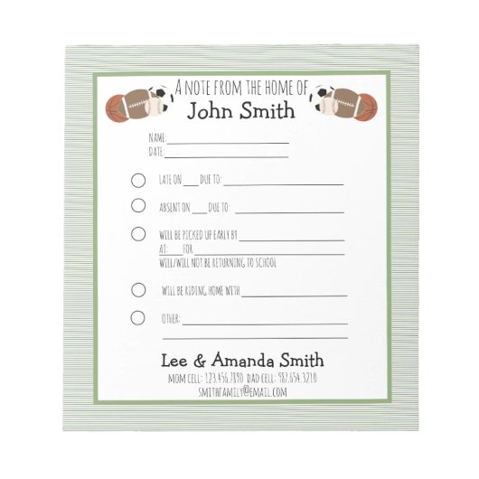 Hinweis für Sportball Notizblock (Vorderseite)