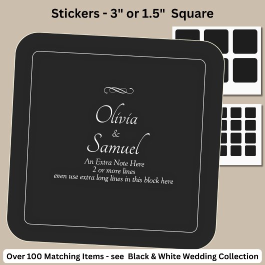 Hinweis + Namen von Braut und Bräutigam Schwarz We Quadratischer Aufkleber