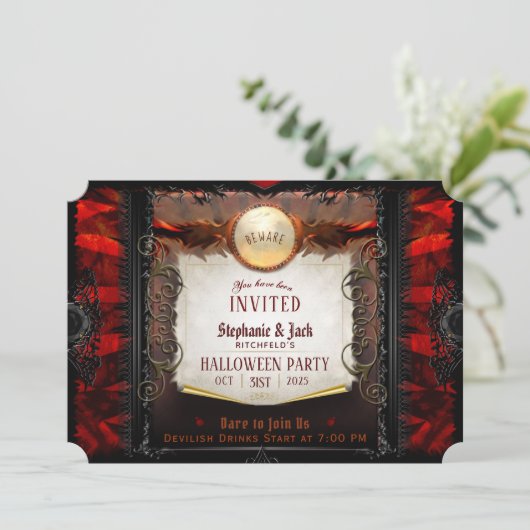 Hinweis zum roten und schwarzen eleganten Hallowee Einladung (Stehend Vorderseite)