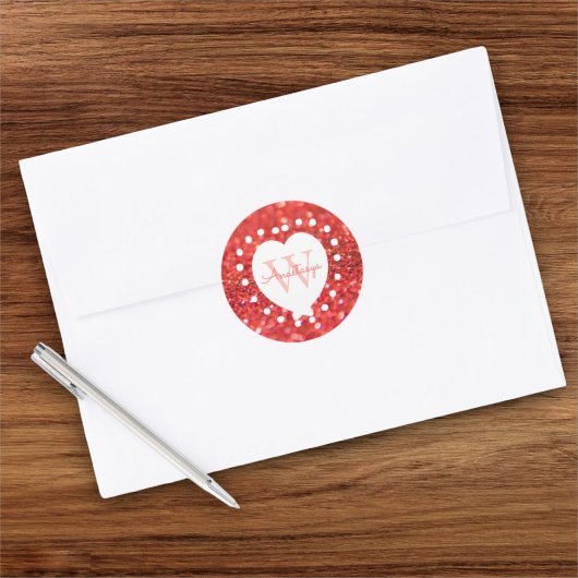 Hinzufügen eines Namens Monogram Coral Glitzer Whi Runder Aufkleber