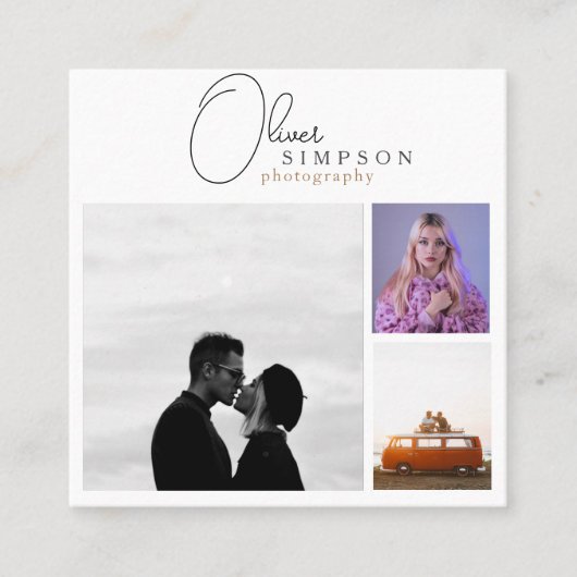 Hinzufügen von 3 Fotos Script Fotografie QR Quadratische Visitenkarte (Vorderseite)