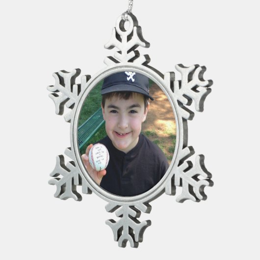 Hinzufügen von Fotos und Personalisiertem Text Schneeflocken Zinn-Ornament (Rechts)