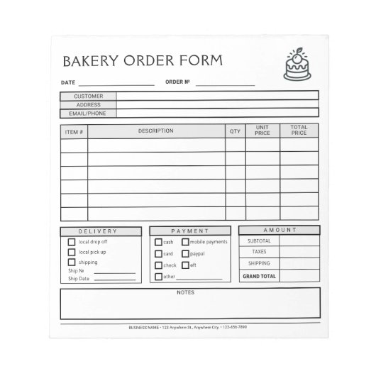 Hinzufügen von Logo Bakery Business Order Form Not Notizblock (Vorderseite)