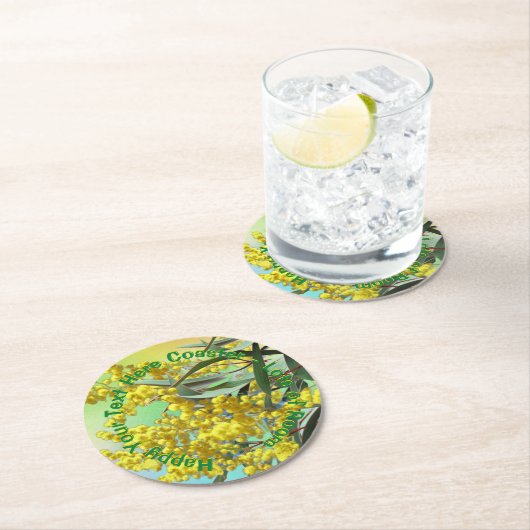 Hinzufügen von Text-Wattle & Gum-Blätter Aussie Runder Pappuntersetzer (Vor Ort)