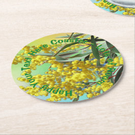 Hinzufügen von Text-Wattle & Gum-Blätter Aussie Runder Pappuntersetzer