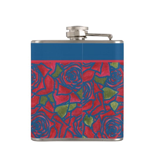 Hip Flask to Personalize: Rote Rosen über Navy Blu Flachmann (Rückseite)