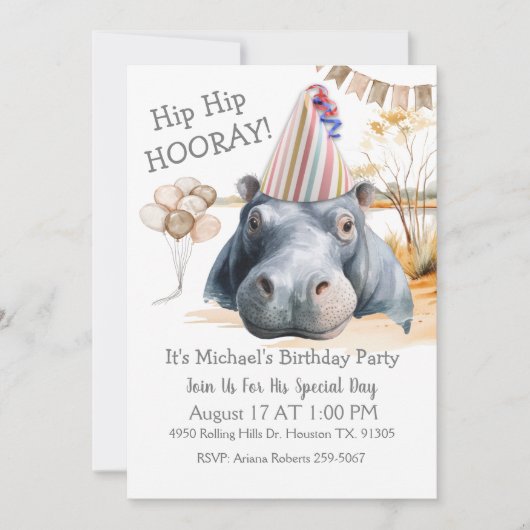 Hip Hip Hooray Hippo Birthday Einladung (Vorderseite)