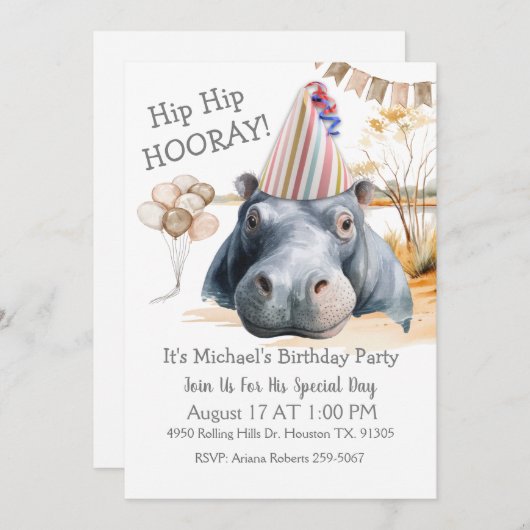 Hip Hip Hooray Hippo Birthday Einladung (Vorne/Hinten)