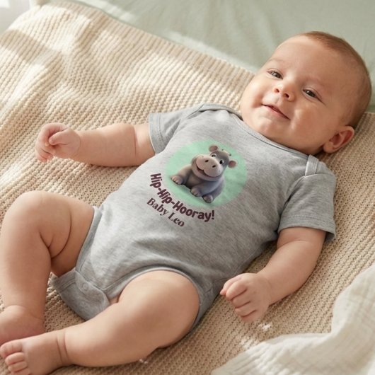 "Hip-Hip-Hooray!" Hippo Personalized Baby Bodysuit Baby Strampler
