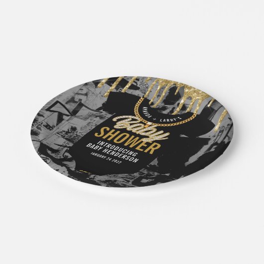 Hip Hop Gold Chain Baby Shower Paper Plate Pappteller (Schrägansicht)