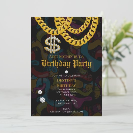Hip Hop Gold Chain Graffiti 90's Birthday Party Einladung (Stehend Vorderseite)