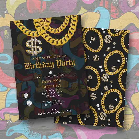 Hip Hop Gold Chain Graffiti 90's Birthday Party Einladung