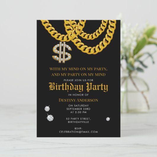 Hip Hop Gold Cuban Link Chain 90's Birthday Party Einladung (Stehend Vorderseite)