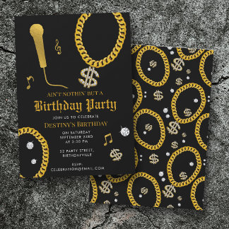 Hip Hop Goldkette Mikrofon 80er 90er Geburtstag Einladung