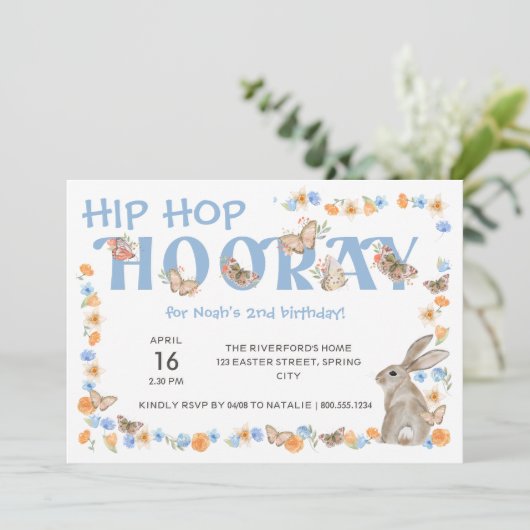 Hip Hop Hooray Bunny and Butterfly Boy's Birthday Einladung (Stehend Vorderseite)