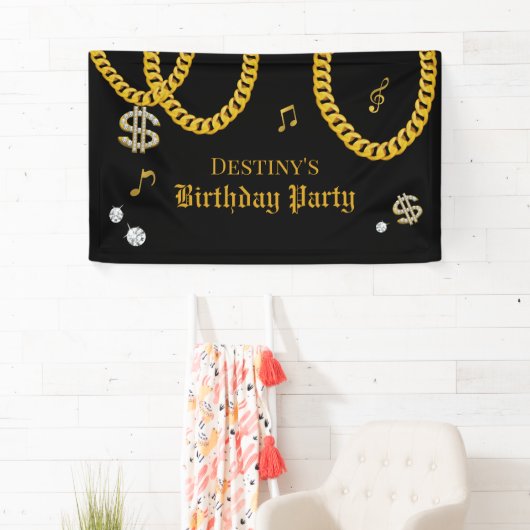 Hip Hop Music Gold Cuban Link Chain 90's Birthday Banner (Insitu)