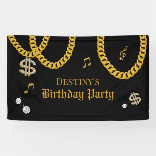 Hip Hop Music Gold Cuban Link Chain 90's Birthday Banner (Horizontal)
