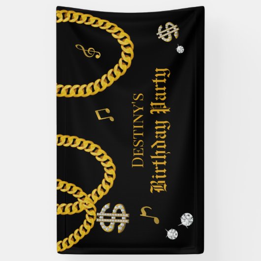 Hip Hop Music Gold Cuban Link Chain 90's Birthday Banner (Vertikal)