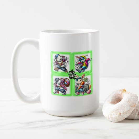Hip Hop Oster Bunny Buddies, Musik, Neon Green | Kaffeetasse (Mit Donut)