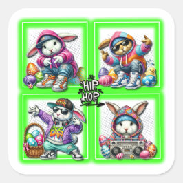 Hip Hop Oster Bunny Buddies, Musik, Neon Green | Quadratischer Aufkleber