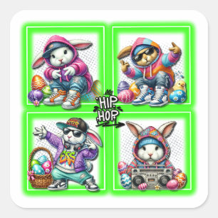 Hip Hop Oster Bunny Buddies, Musik, Neon Green   Quadratischer Aufkleber