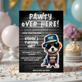 Hip Hop Welpe Hund Brick Wall erste Geburtstagspar Einladung