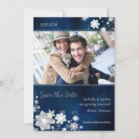 Hip Navy Blue Winter Photo Wedding Save the Date (Vorderseite)