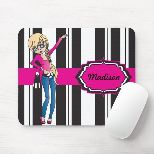 Hip Teen Girl with Black and White Stripes Mousepad (Mit Mouse)