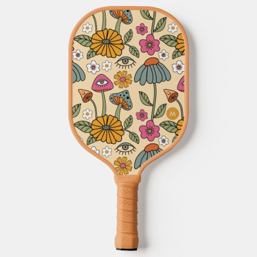 Hippie 70er Floral Pilz Boho Blumenaugen & Name Pickleball Schläger (Rückseite)